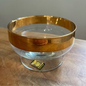 Vintage Blefeld Pasabahce Turkish Crystal Footed 5" Bowl Gold 24K Orig Sticker